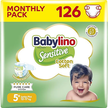 Babylino Sensitive Cotton Soft, Pañales Bebé Talla 5+, Junior plus (12-17 kg)